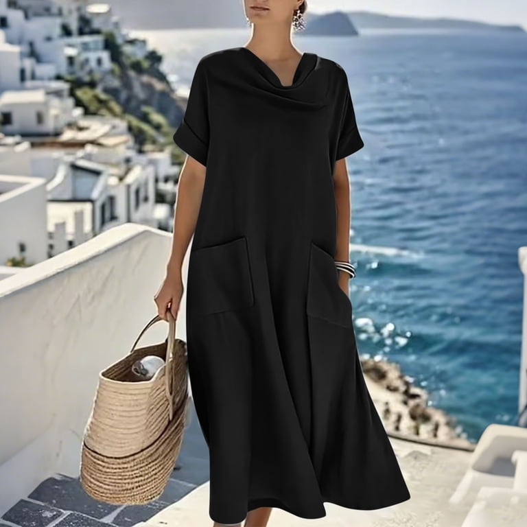 a line travel dress Makaor Women Vacation Maxi Dresses A Line Ruched Dresses Plus Size Short  Sleeve Dress Solid Cowl Neck Travel Dress with Pockets Black 2XL