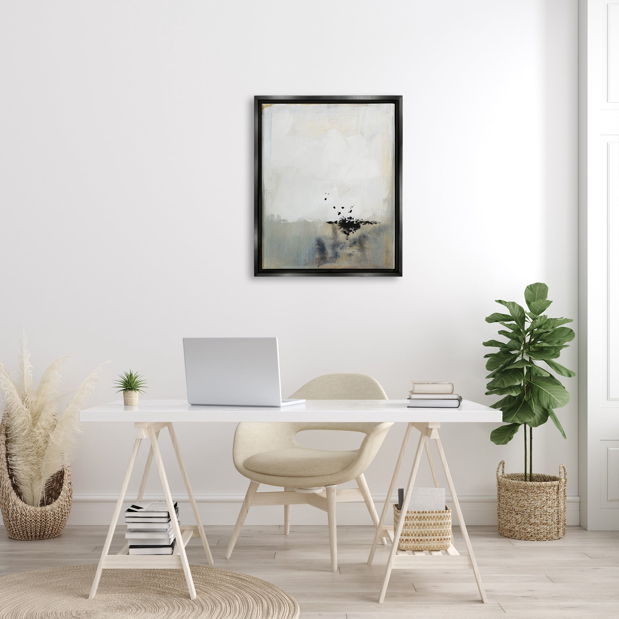 Stupell Industries Neutral Beige Abstract Painting Black Ink Splatter Jet Black Framed Floating Canvas Wall Art, 24x30, by Victoria Barnes