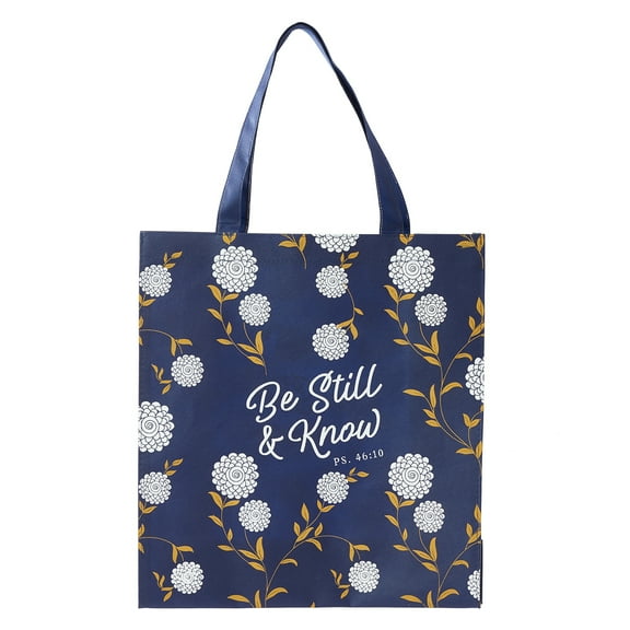 Christian Art Gifts Reusable Shopping Tote Bag for Women: Be Still & Know - Psalm 46:10 Inspirational Bible Verse, Easy-hold Collapsible Handbag for Groceries & Books, Spring White Floral, Navy Blue