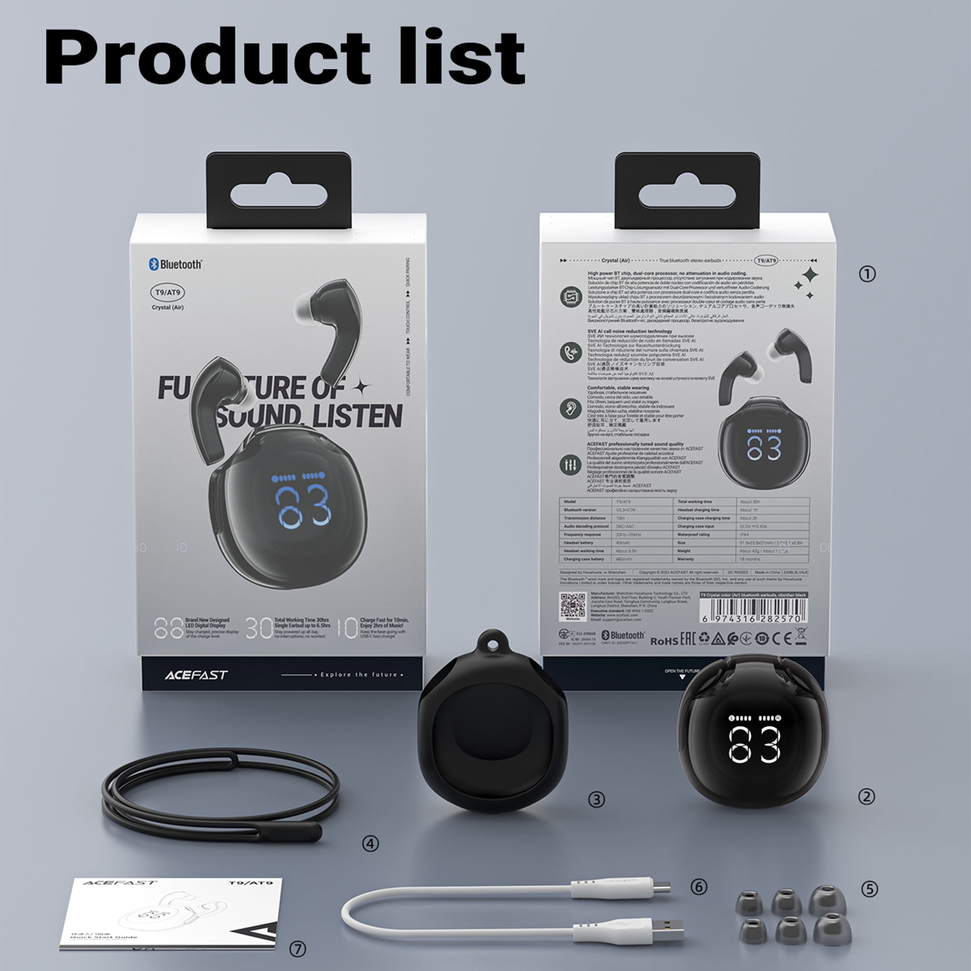ACEFAST Wireless Earbuds Bluetooth 5.3 Noise Reduction TWS In-Ear Headset with LED Battery Display for Android/iOS (Black)