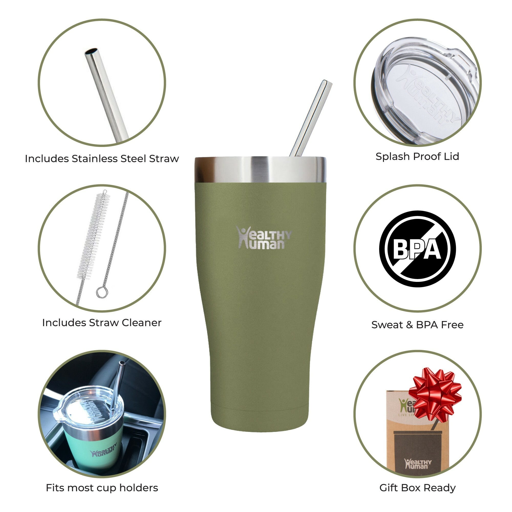 Healthy Human Stainless Steel Tumbler with Straw & Lid | Splash Proof Insulated Travel Cup | Eco-Friendly Coffee Tumblers | Straw Cleaner and Splash Proof Lids (32oz, Olive)
