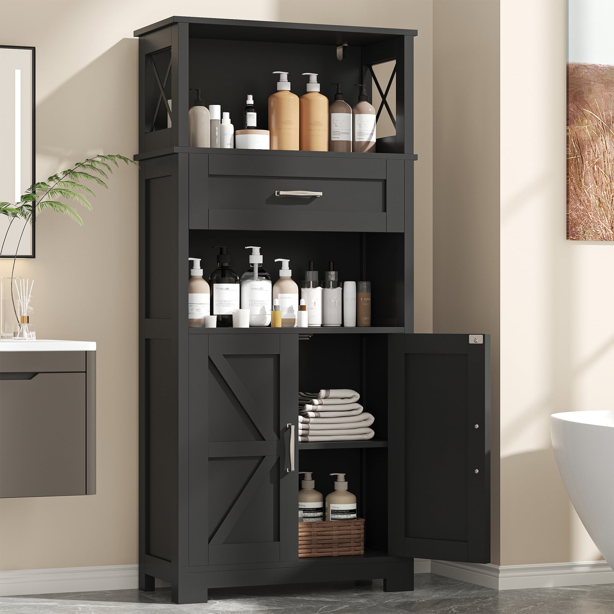 Casendy Kitchen Cabinet with Doors, Farmhouse Pantry Cabinet with Storage Shelf and Drawer, Wooden Kitchen Cupboard Cabinets for Dining Room, Living Room, Black