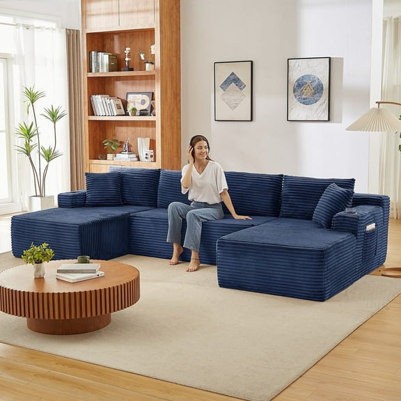 GNIXUU 133.5" Oversized Modular Sectional Sofa , Built-in Cup Holder & Storage Pocket, Corduroy U-Shaped Boneless Deep Seat Couch 6 Seater Convertible Couch for Living Room,Blue