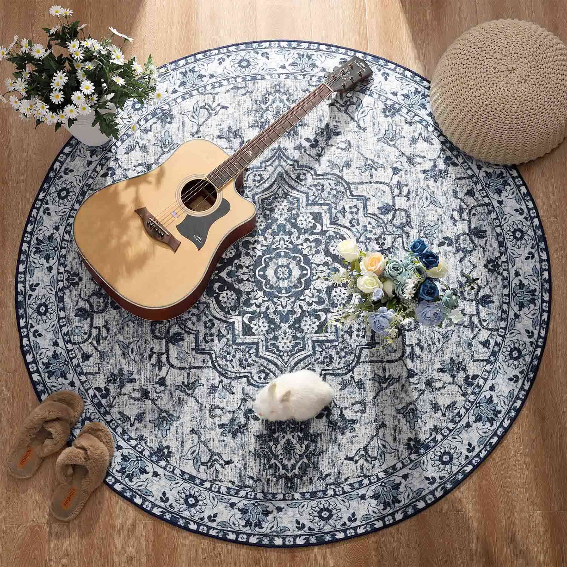 Softlife Oriental Traditional Area Rug for Living Room Durable Washable Persian Carpet Non Slip Boho Rugs for Bedroom,5'x5', Blue