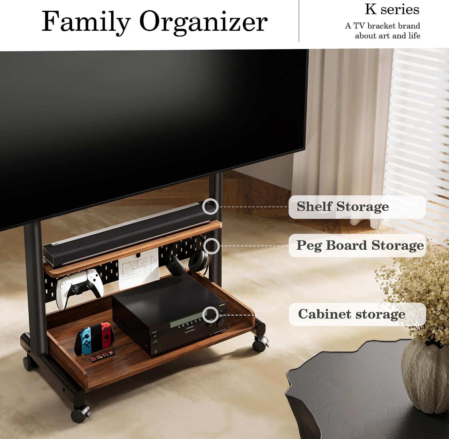 FITUEYES Rolling TV Stand for 40–85 Inch TVs, Black, Wood Shelf & Pegboard
