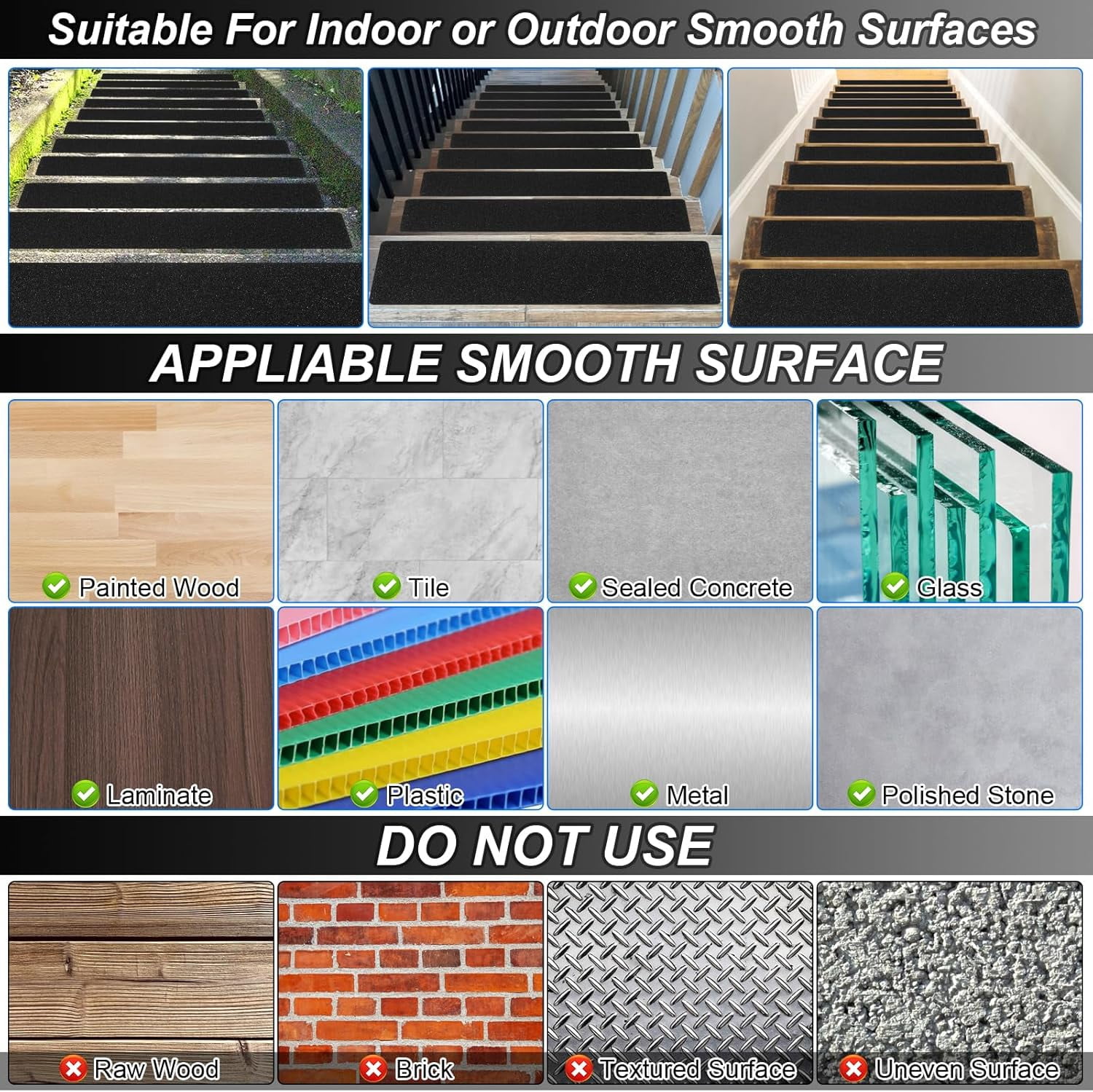 Outdoor Stair Treads Non-Slip Step Strips for Wooden Steps 10 Pack 8” x 30” Anti Slip Grip Tape Precut for Outside Stairs, Non Skid Stair Tread Mats Weather Resistant for Outdoors, Black