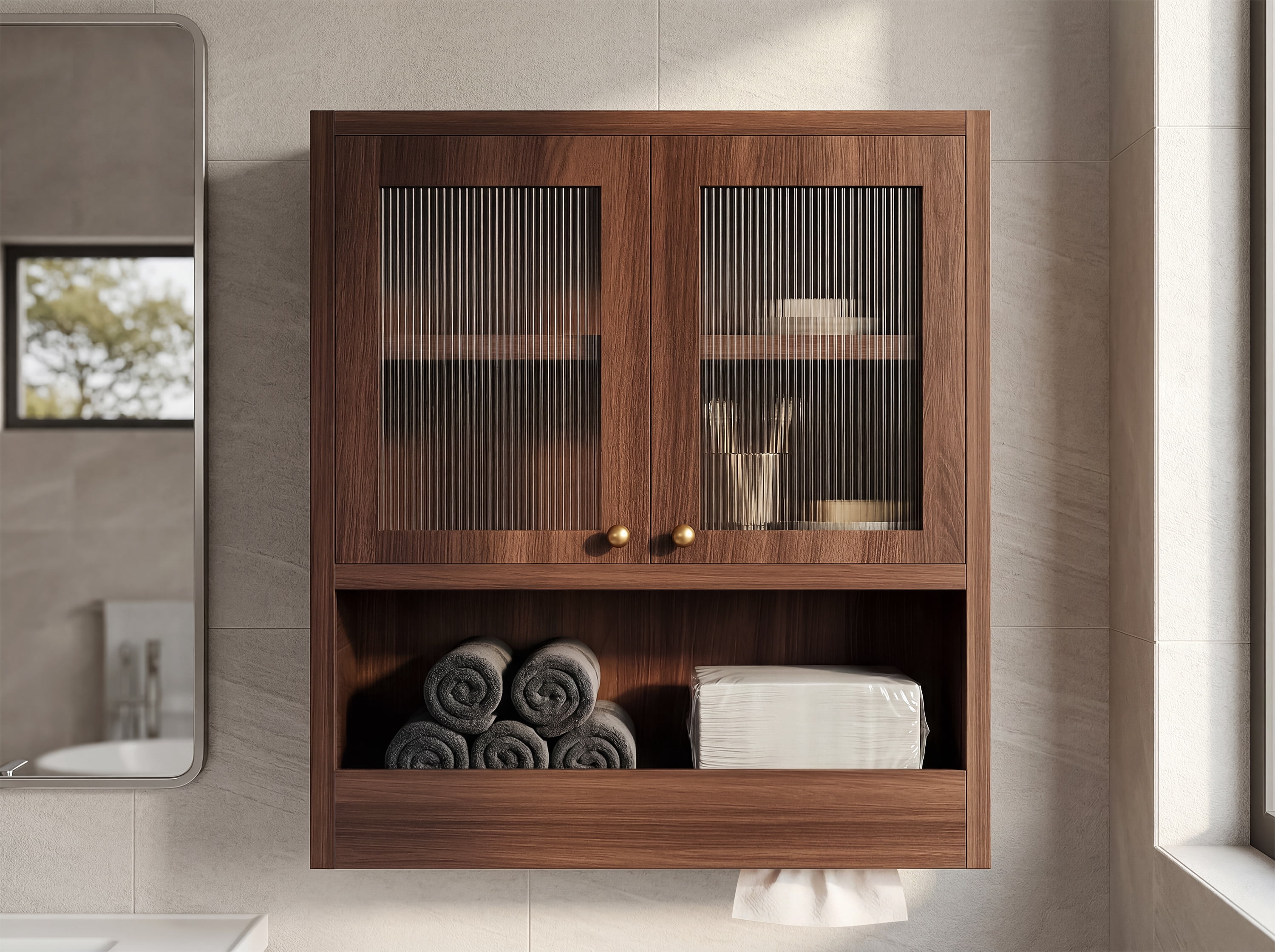 Mintazer Farmhouse Bathroom Medicine Cabinet with Adjustable Shelves, 2 Doors Wall Cabinet over The Toilet Storage, Brown