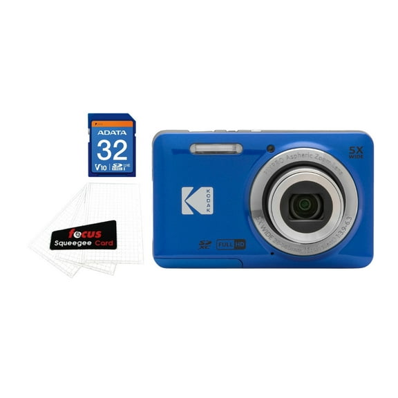 Kodak PIXPRO Friendly Zoom FZ55 Digital Camera (Blue) Bundle with Focus Digital Camera LCD Screen Protectors and 32GB SDHC UHS-I U1 Waterproof Shockproof Anti-Static Memory Card (3 Items)