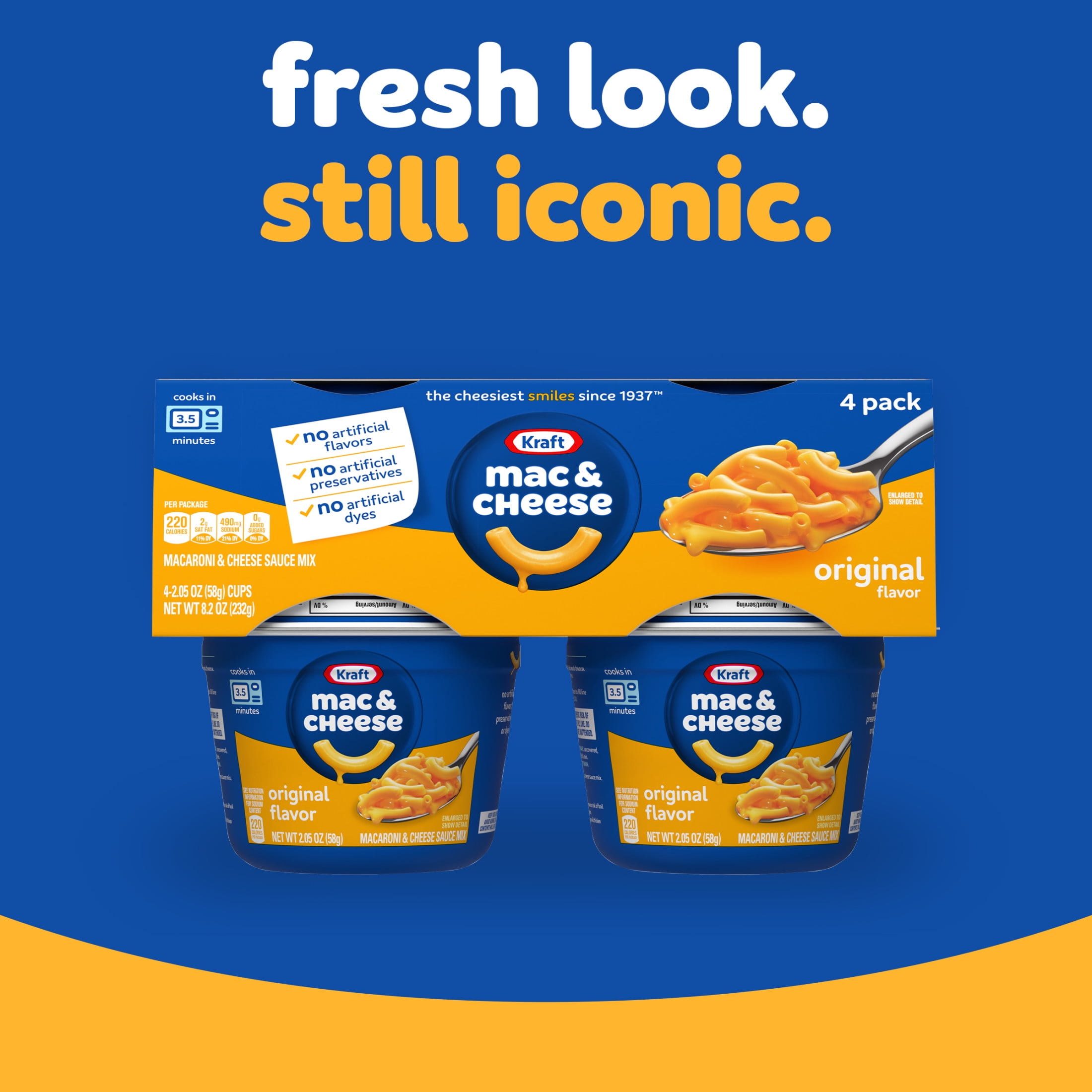 Kraft Mac and Cheese, 4 Cups, for Easy Dinner or Dinner Sides, Original Flavor, No Artificial Flavors, Preservatives or Dyes, 2.05 oz