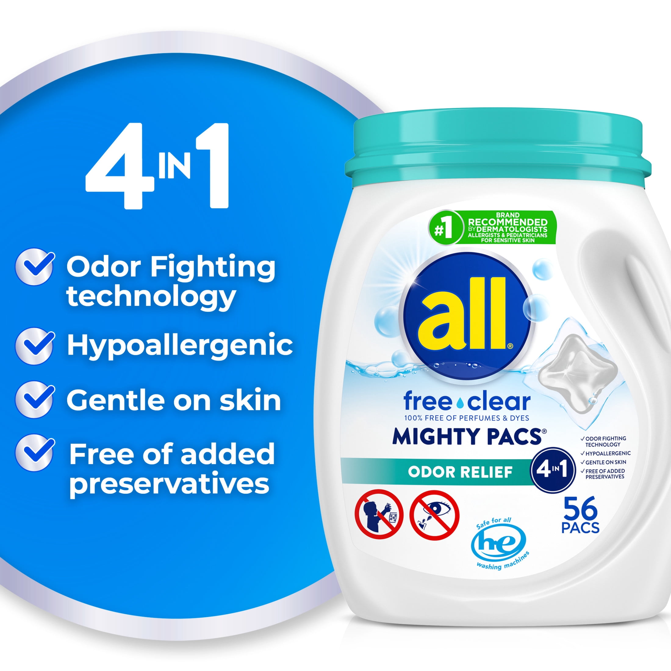 (2 pack) all free clear MIGHTY PACS Odor Relief Laundry Detergent Pacs for Sensitive Skin, 56 Count