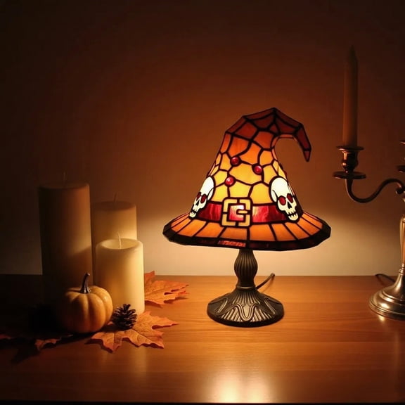 Witch Hat Lamp, Halloween Decorations Gifts,Stained Glass Like Vintage Witchy Halloween Night Lights, Goth Table Lamps for Night Stands, Bedroom, Living Room, Office