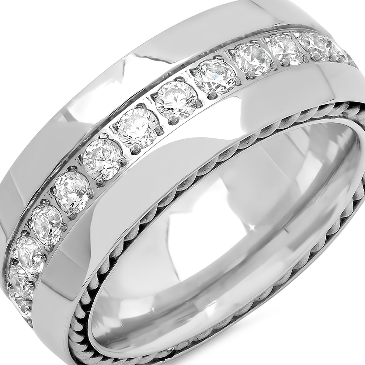 Men's Stainless Steel Chain Link Inlay Ring With Simulated Diamonds