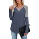 thumbnail image 2 of Camisa de Mujer Cuello en V Contraste Color Manga Larga Top Camiseta Interior Poliéster para Otoño Invierno Azul XXL, 2 of 6