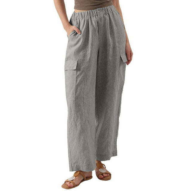 Womens Cotton Linen Pants High Waisted Straight Wide Leg Lounge Pants with Multi Pockets Solid Trousers