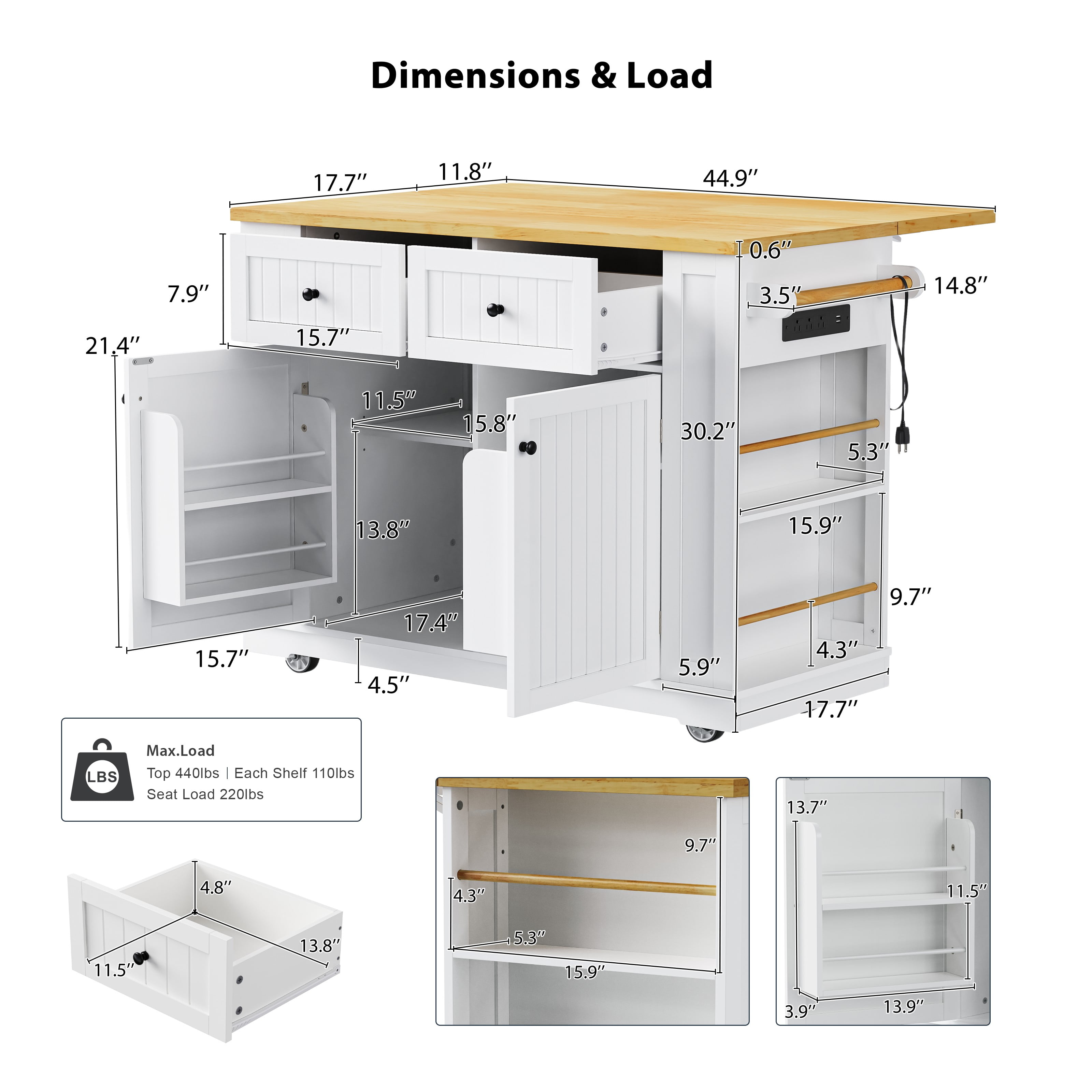 AVAXA 48 inch Rolling Kitchen Island Cart, Drop Leaf, Power Outlet, Internal Storage Rack, 5 Open Side Racks, White