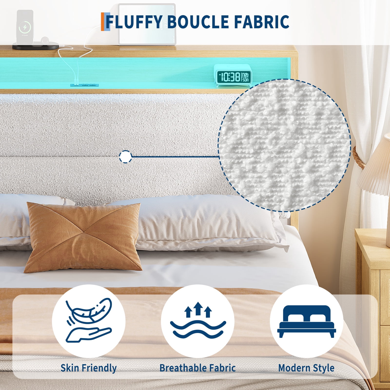 Queen Size Upholstered Bed Frame with LED Lights & Charging Station, Boucle Headboard Platform Bed with Wooden Slats, No Box Spring Needed, Easy Assembly，White