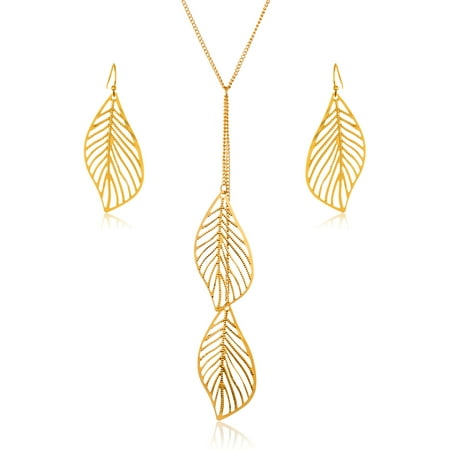 - Gold Tone Leaf Drop Necklace and Earrings Jewelry Set