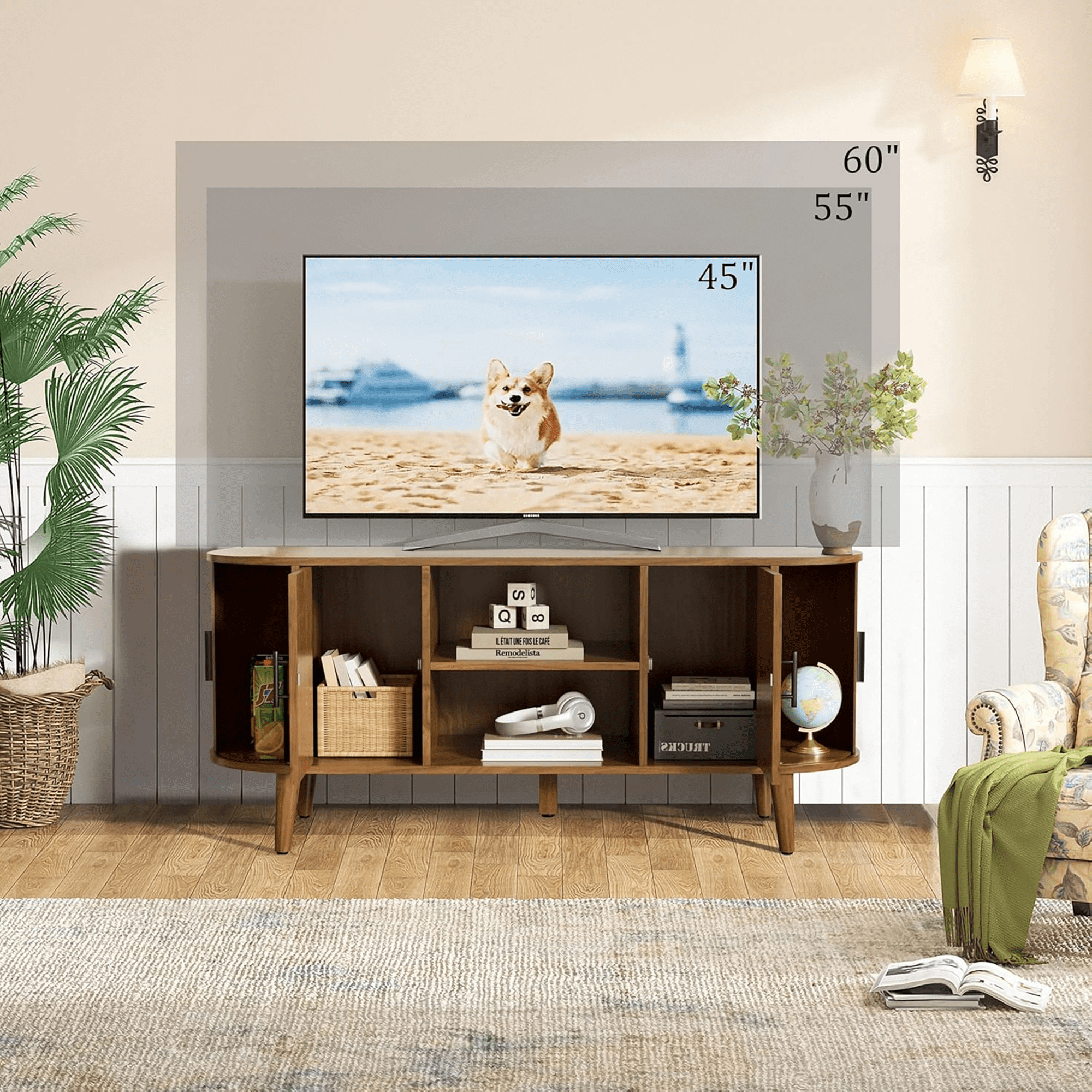 51" TV Stand for Tvs up to 60", Mid Century Modern Fluted Entertainment Center with Fluted Doors, Media Console for Living Room Bedroom, Walnut