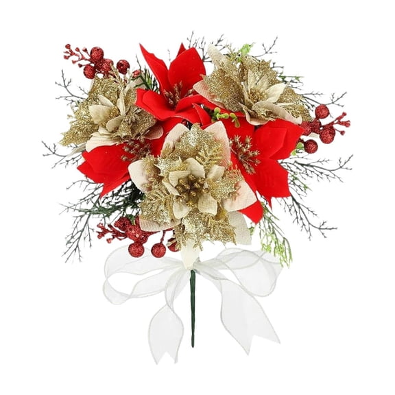 Artificial Flowers Bouquet Christmas Floral Artificial Poinsettia Bouquet Christmas Glitter Poinsettia Faux Flowers Christmas Flowers Decorations Wedding Xmas Tree New Year Ornaments
