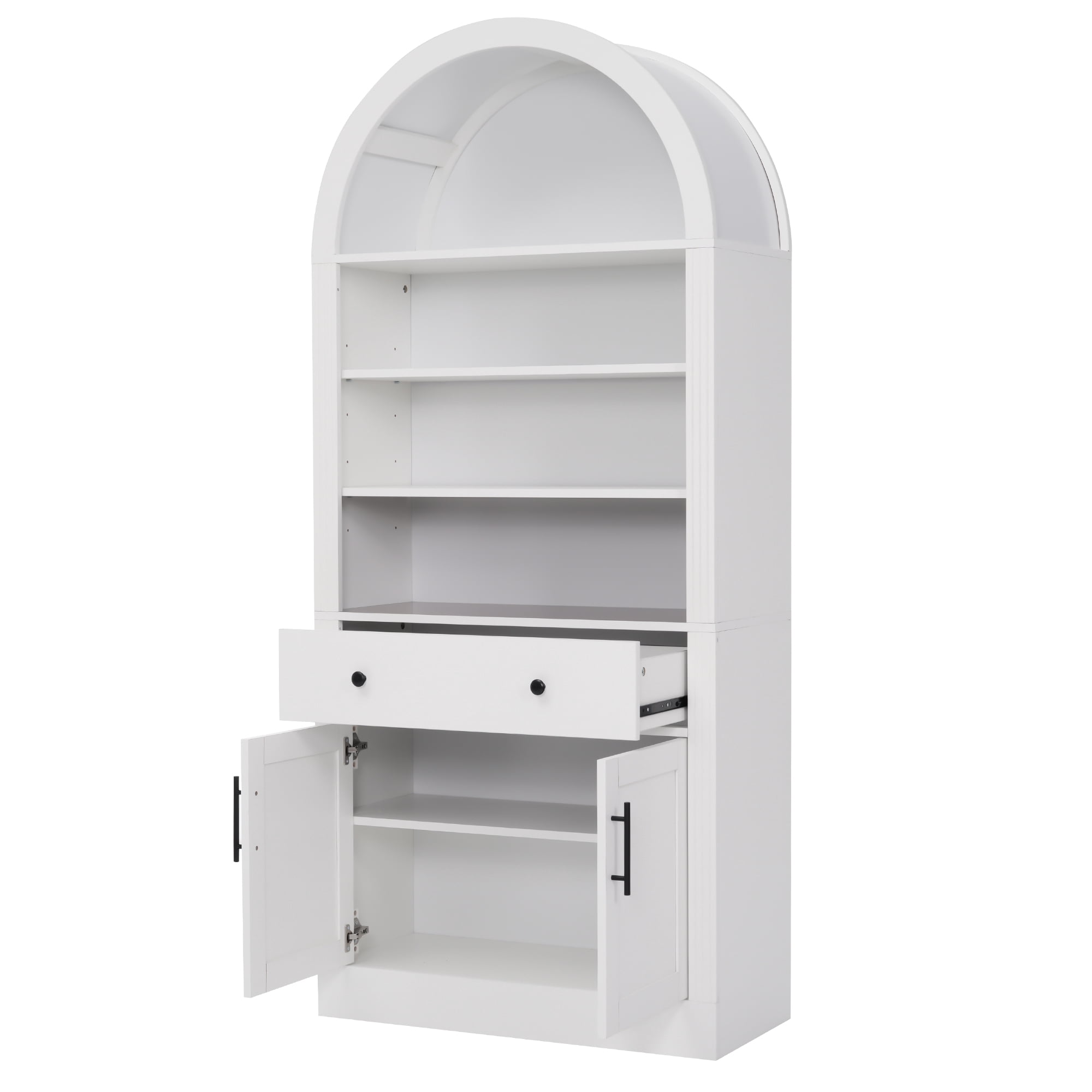 71" Tall Arched Bookshelf with Storage Cabinet, 2 Piece Display Bookcase with Drawer Doors and Adjustable Shelves