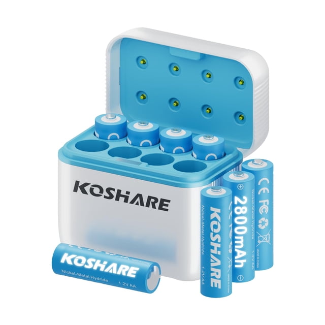 Batería KOSHARE AA NiMH de 2800 mAh, paquete de 8 con cargador