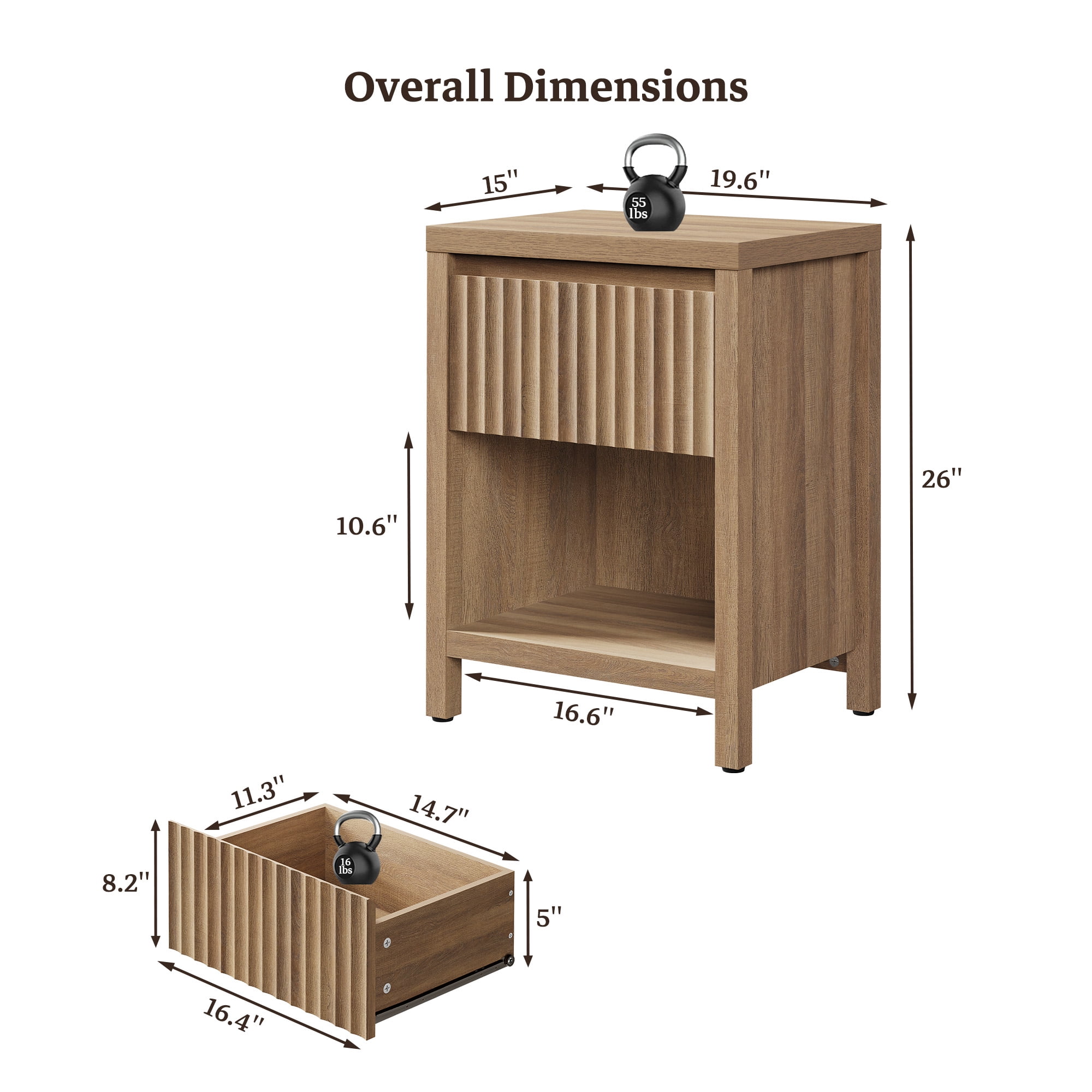 SICOTAS 26" Tall Farmhouse Nightstand Set of 2 with Drawer, Modern Beside Table with Minimalist Fluted Design & Handle-Less Storage Engineered Wood Bed Side Table for Bedroom, Natural Oak