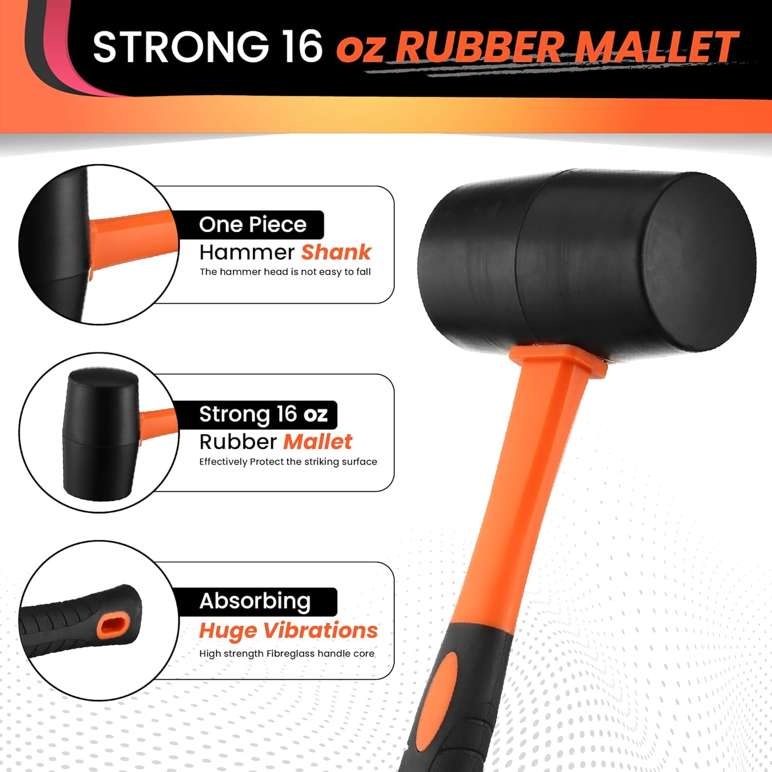 RGHJAR-16oz Rubber Mallet Hammer Set with 35mm Double Faced Soft Rubber Mallet with Fiberglass Handle, TPR Grip, Solid Head, 2 Piece Black Set for Camping, Flooring, Woodworking & Tent Stakes