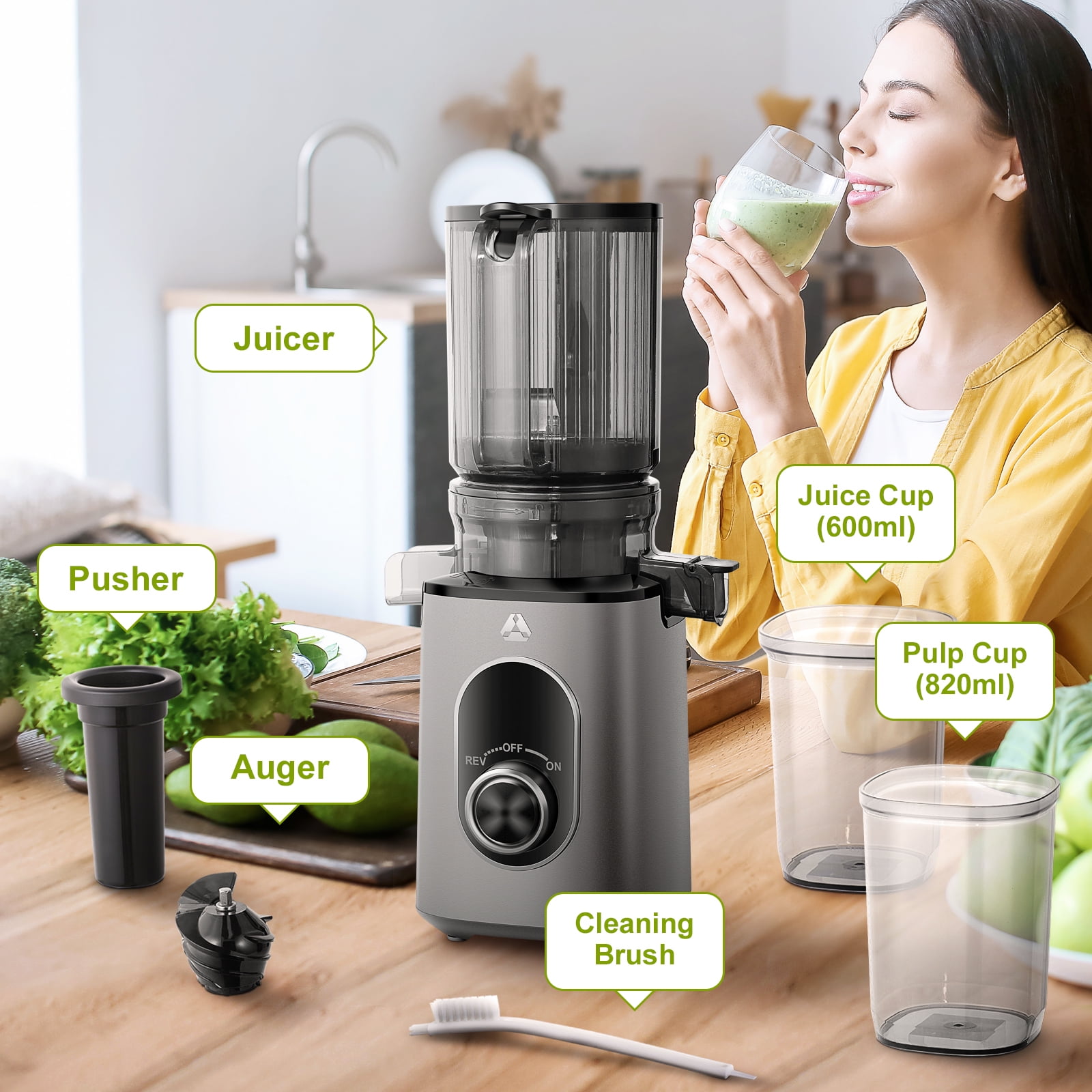 Sunmaki Juicer Machine, Portable Cold Press Juicer with 4.3" Large Feed Chute for Fruits and Vegetables,Easy to Clean 100W, Grey