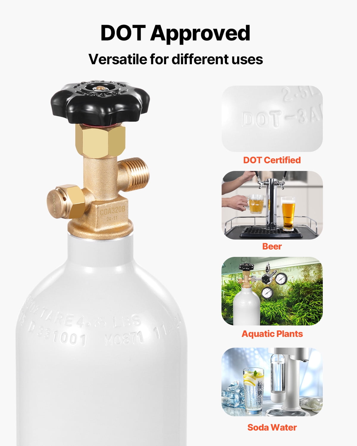 VEVOR CO2 Tank, 2.5 lbs New Aluminum Alloy Cylinder, CO2 Air Tank with Light Gray Spray Coating, CGA320 Valve & Adjustable Pressure, DOT Approved Cylinder for Draft Beer Dispensing and Soda Maker