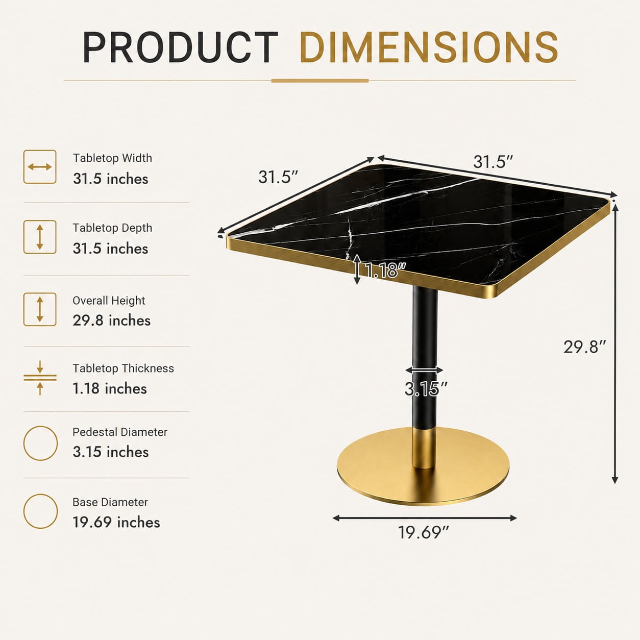 Aukfa 31.5" Square Dining Table for 2-4, Marble-Look Sintered Stone Top, Gold Pedestal Base, Small Spaces,Black Onyx