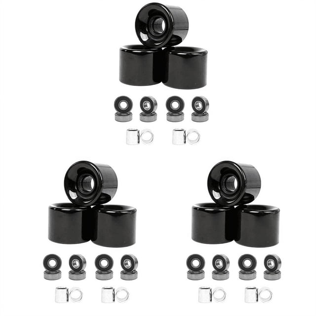 Lot de 12 Roues de Planche à Roulettes 60mm + Roulements en Acier ABEC-9 et Entretoises, Roues de Croisière, 12 x Roues Noires 24 x Roulements Noirs ABEC-9 12 x Manchon, Noir