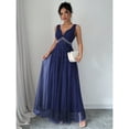 thumbnail image 5 of Navy Blue Sleeveless V-Neck Floor-Length Evening Gown With Faux Pearl Embellishment And Sheer Tulle Hem, 5 of 5