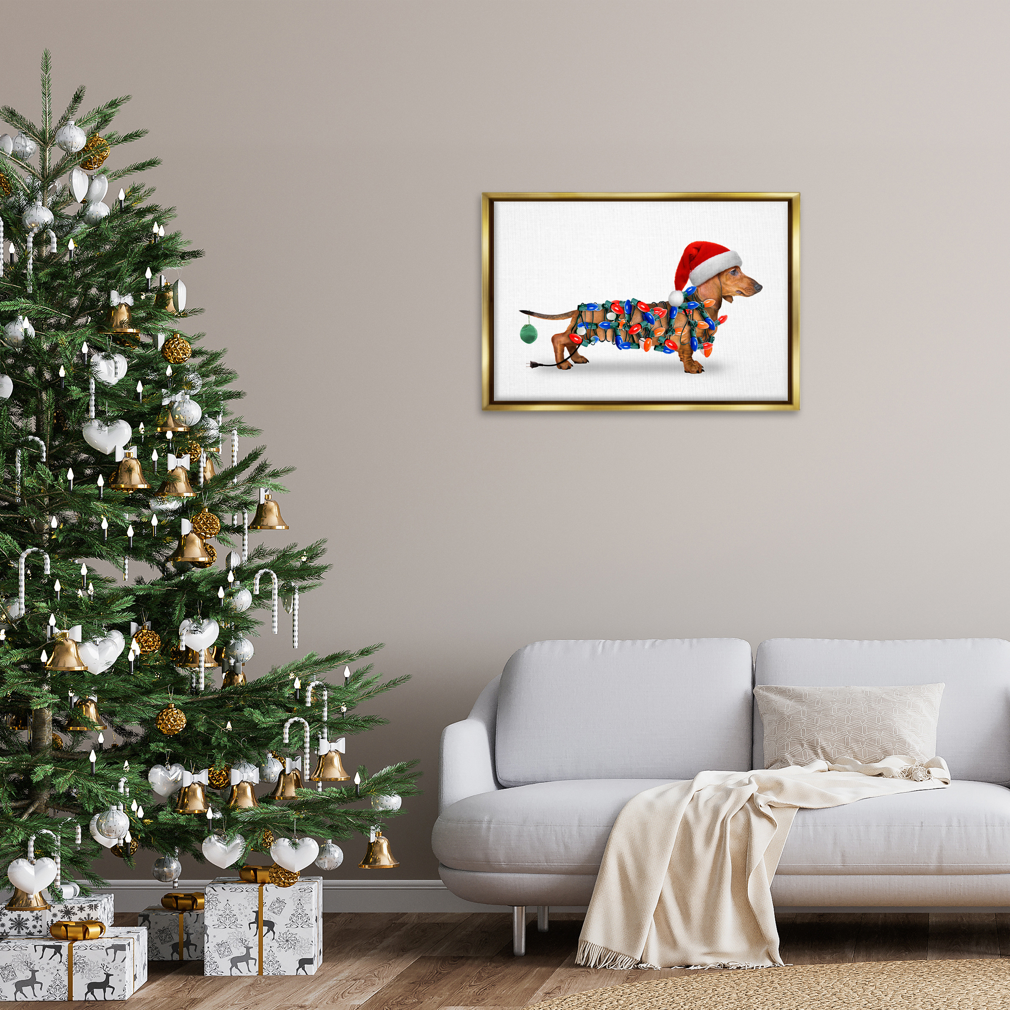 Stupell Industries Christmas Lights Wrapped Dog Holiday Painting Gold Floater Framed Canvas Art Prints Wall Art, 31 x 21