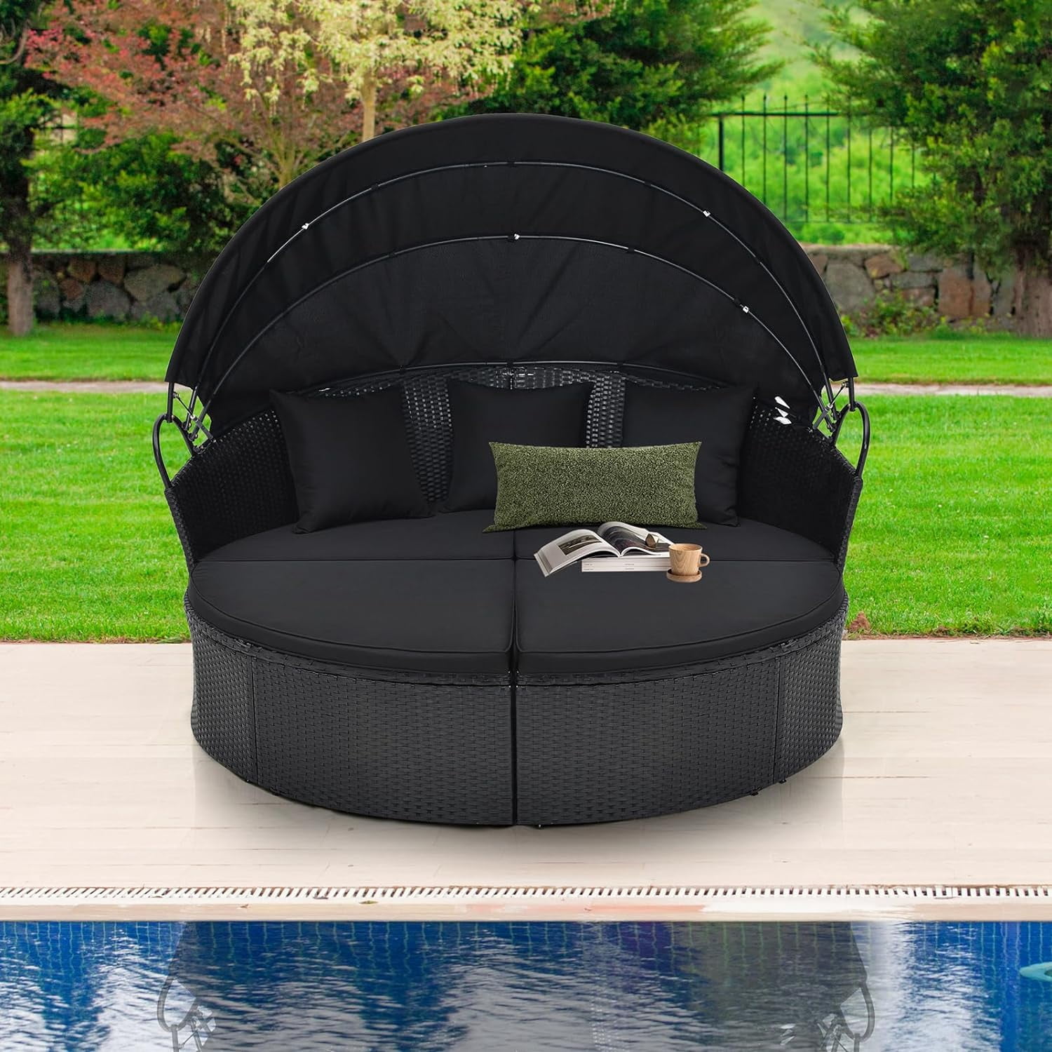 Gymax Patio Outdoor Round Wicker Daybed w/ Separate Seating Sofa, Retractable Canopy, 4 Cushion 3 Pillows Black
