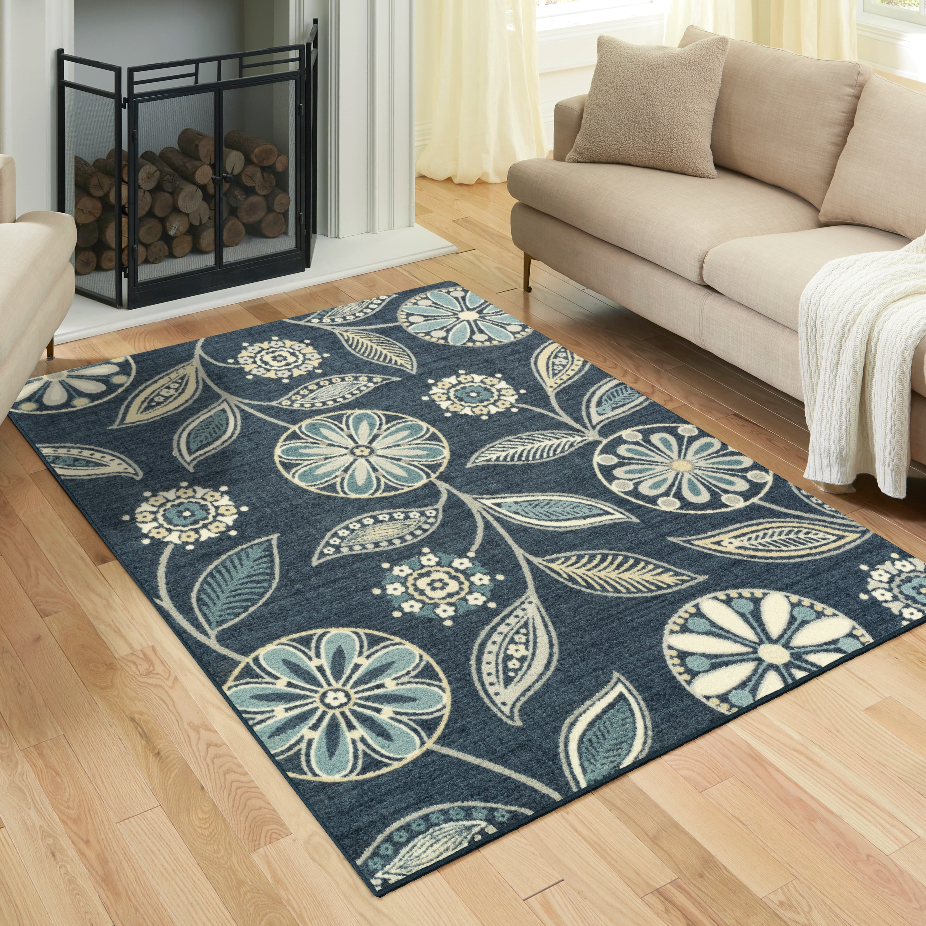 Maples Rugs Reggie Bohemian Floral Blue Non Slip Indoor Area Rug, 5' x 7'