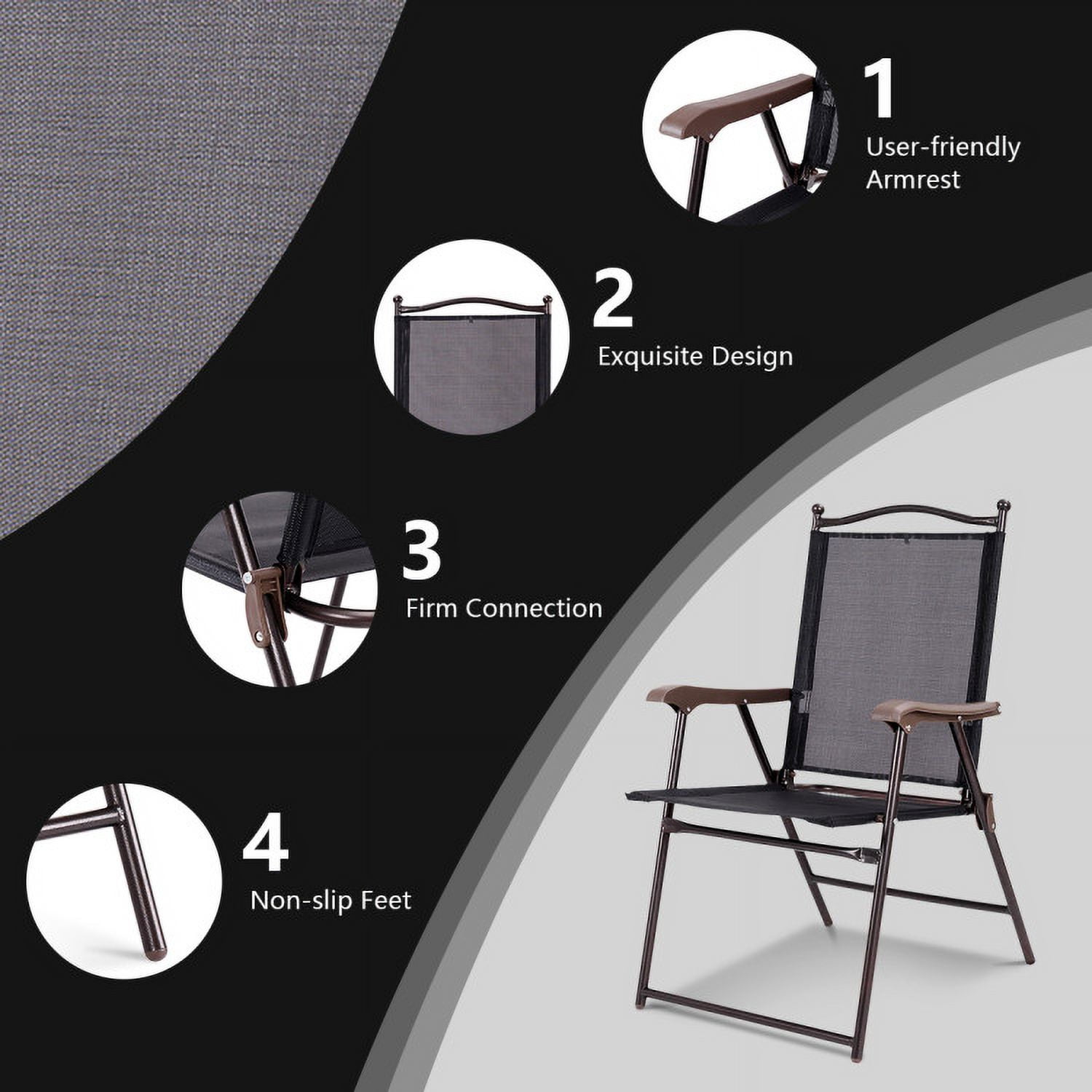 Aimee Lii Set of 2 Patio Folding Sling Back Camping Deck Chairs, Outdoor Patio Set, Black