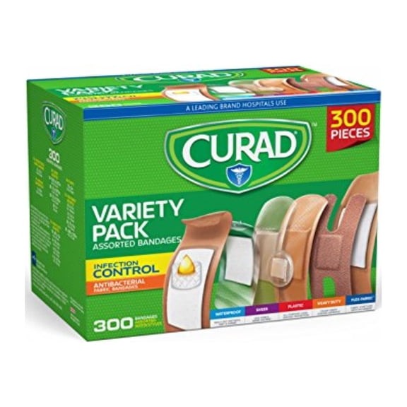 Curad Assorted Bandages Variety Pack 300 Pieces, Including Antibacterial, Heavy Duty, Fabric, and Waterproof Bandages