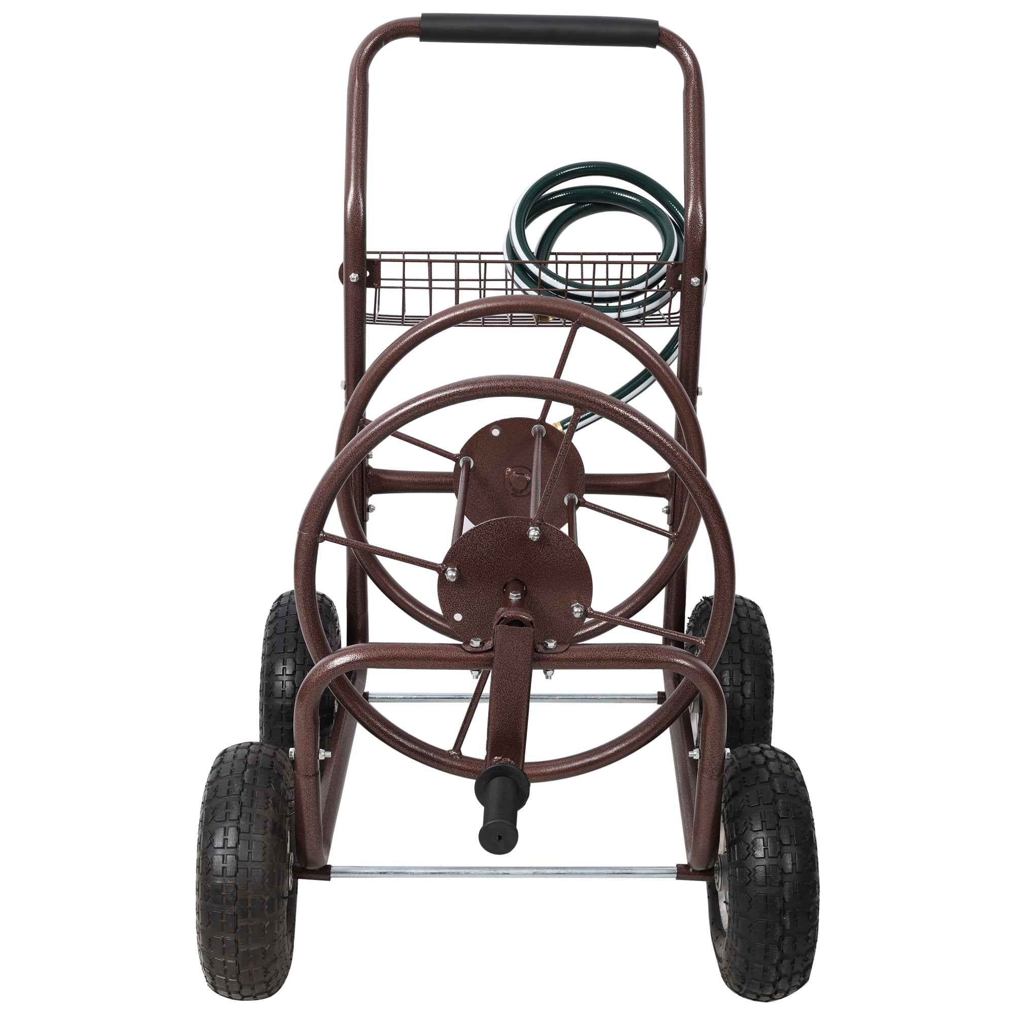 Garden Hose Reel Cart, Heavy-Duty 4-Wheel Hose Cart Holds 250ft 5/8" Hose with Storage Basket, Rust-Resistant Steel Frame for Yard, Lawn