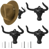 4 PCS Cowboy Hat Rack for Wall, Cast Iron Bull Head Wall Hook with Longhorn, Vintage Hat Wall Holder, Rustic Wall Coat Hanger