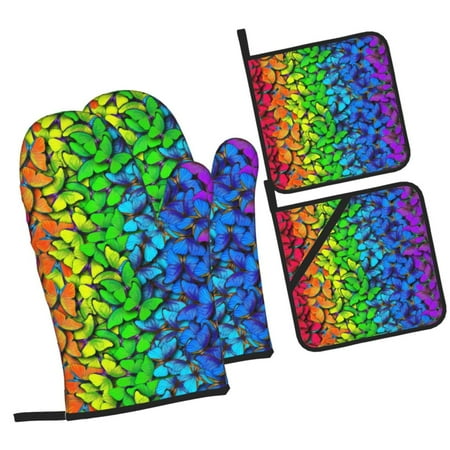 

Haiem Multicolored Butterflies Print Extra Long Oven Mitts and Pot Holders 4pc Sets: Heat Resistant Silicone Oven Mittens with Mini Oven Gloves and Hot Pads Potholders