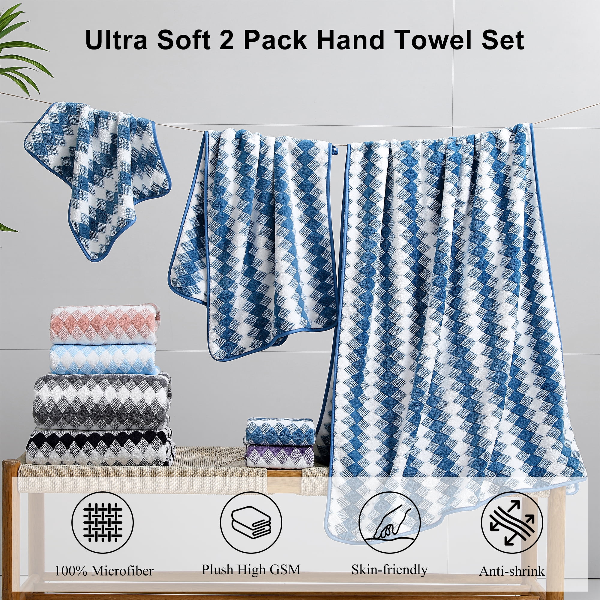 Jessy Home 2 Piece Blueberry Grid Stripe Hand Towels Set