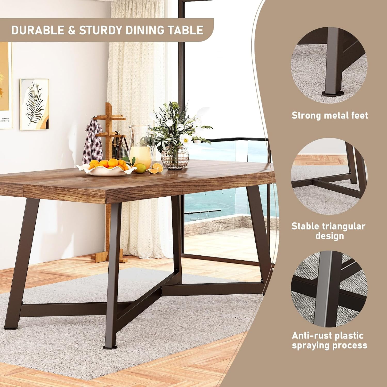 ChVans  72" Large Solid Wood Dinner Table for 4-8 Person, Modern Farmhouse Kitchen Table with Adjustable Heavy Duty Metal Leg, Rectangular Dining Table for Gathering, Kitchen, Dining Living Room