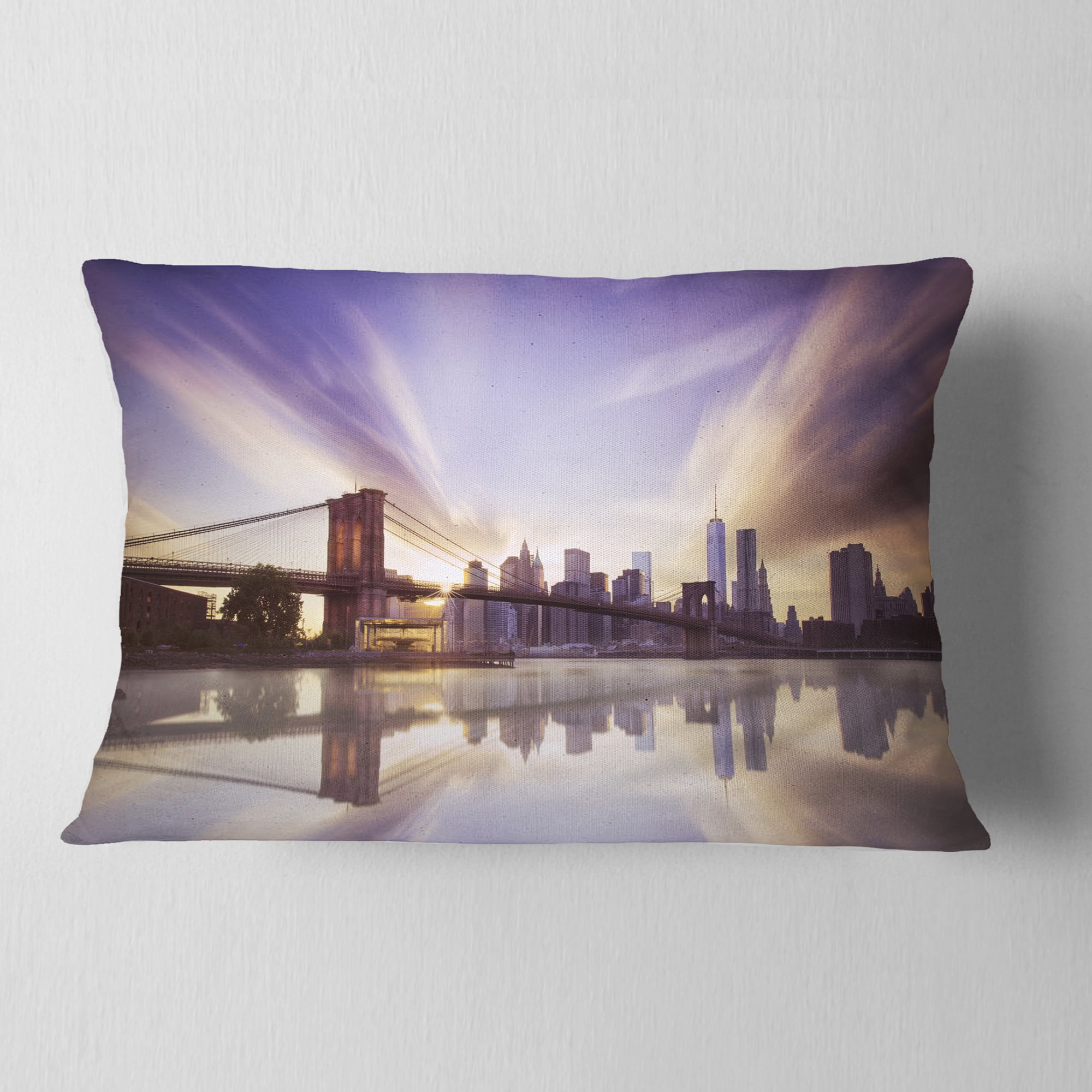 Designart Purple Sky Over Brooklyn Bridge - Cityscape Photo Throw Pillow - 12x20