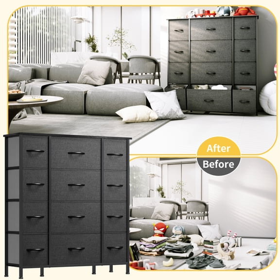 MYZBBD 12-Drawer Fabric Dresser Storage Tower Cabinet Organizer for Bedroom, Closet Clothing Organization with Removable Canvas Bins, Sturdy Frame for Home Office Dormitory