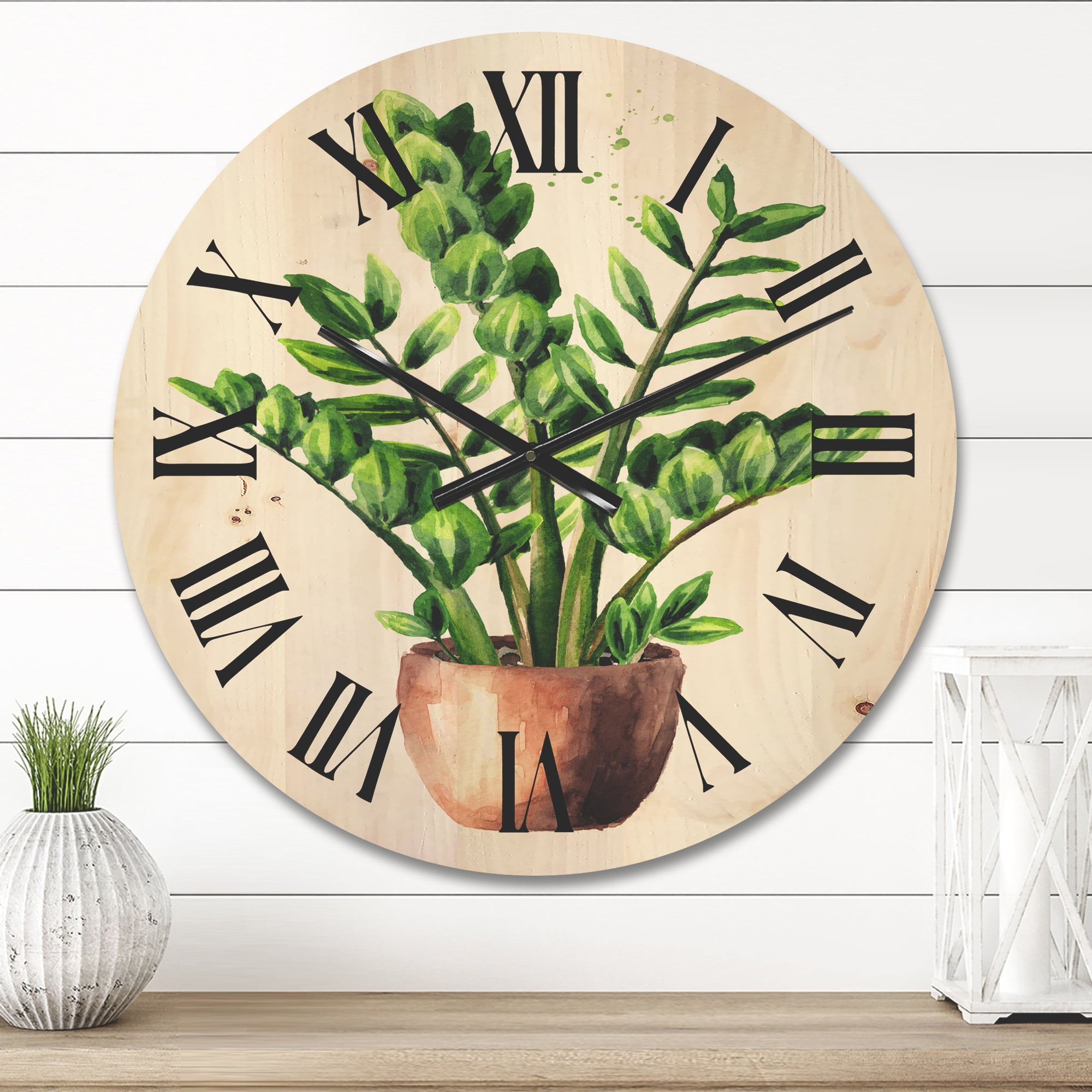 Designart 'Zamioculcas Tropical Plant With Green Leaves On White' Traditional Wood Wall Clock