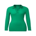 thumbnail image 1 of Women Rib Knit Tops Long Sleeve Lapel V Neck Solid Color T-Shirts, 1 of 6