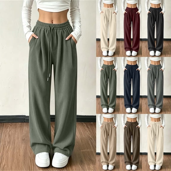 Women's Corduroy Wide Leg Long Pants Elastic Drawstring Waist with Pockets Soft Stretchy Loose Fit Casual Full Length Trousers for Fall Winter White