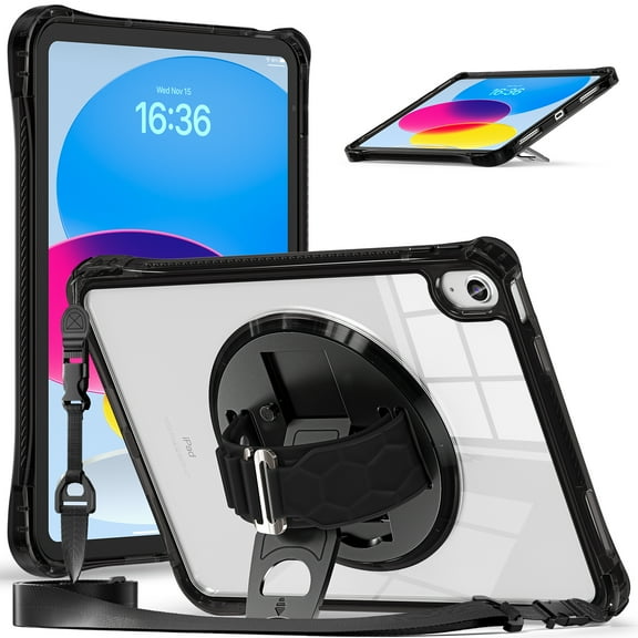ELEHOLD Rugged Case For Apple iPad 11th(A16) Gen 2025, Full Protection Transparent 360° Rotating Stand Cover, with Silicone Wrist Strap, Shoulder Strap, Black