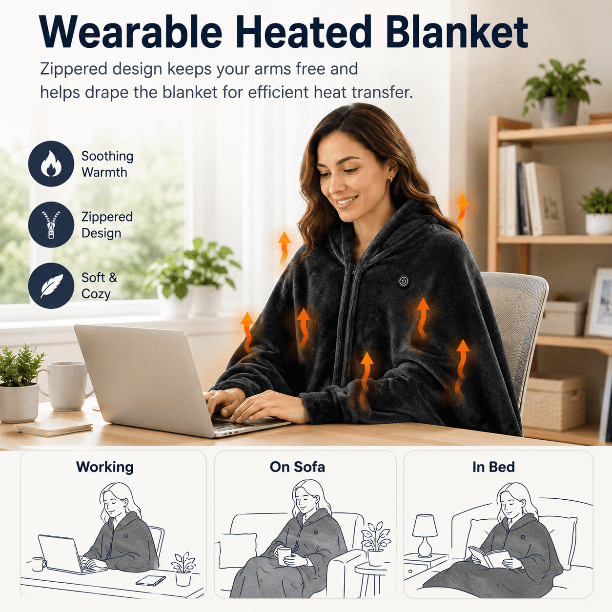 USB Heated Blanket, Poncho, and Shawl Wrap – Washable, Zippered, 59x31 inches for Home and Office