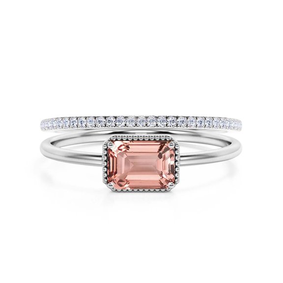 Minimalist 1.50 Carat Emerald Cut Morganite And Diamond Moissanite Engagement Ring, Wedding Ring in 10k Solid White Gold, Gift For Her, Promise Ring, Anniversary Ring, Bridal Rings Set